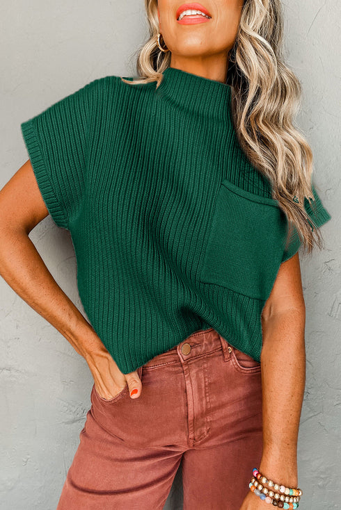 Ribbed Mock Neck Patch Pocket Drop Shoulder Short Sleeve Sweater